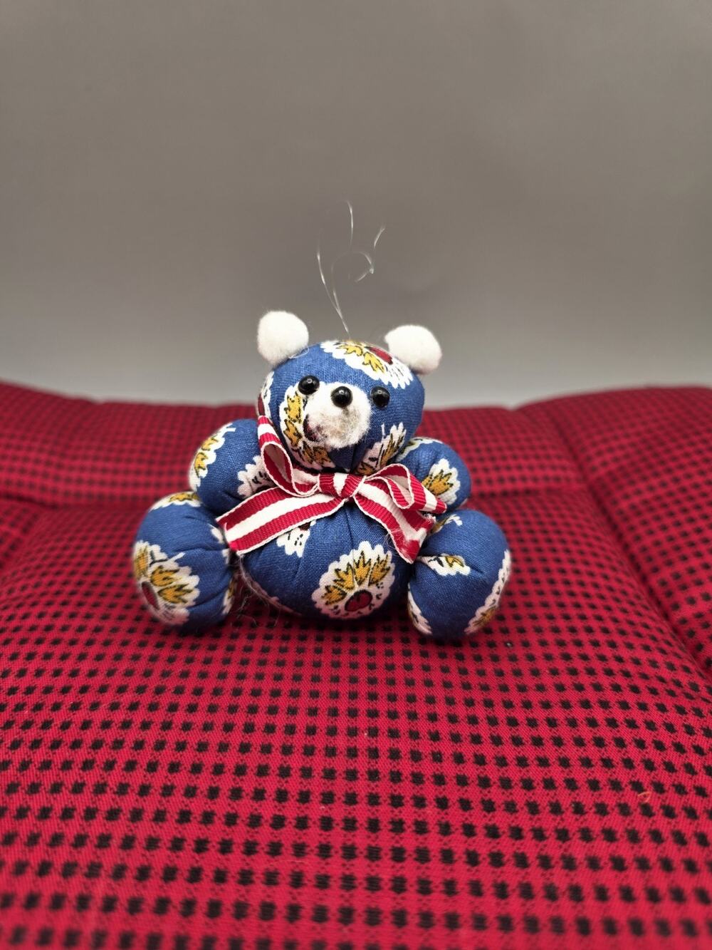 Vintage Handmade Stuffed Fabric Teddy Bear Ornament Blue Calico Ribbon Bow